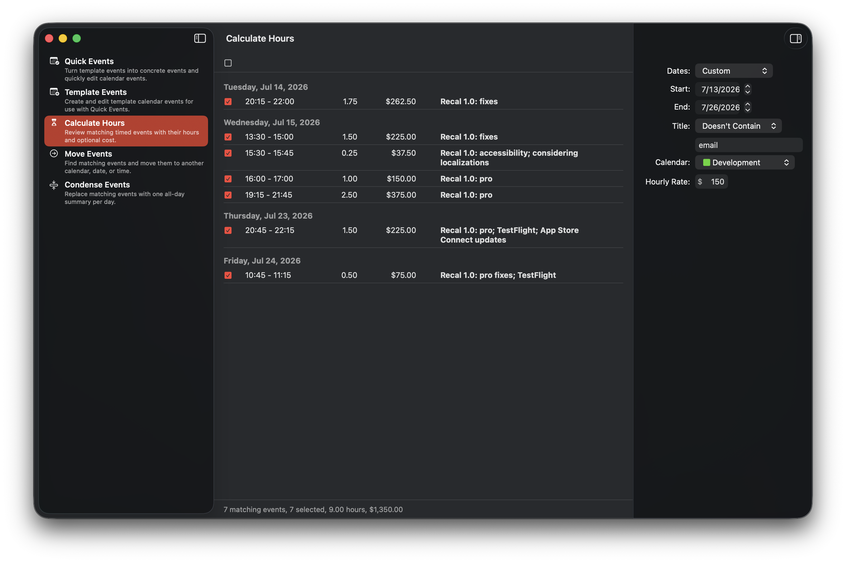 Calculating calendar hours and costs in Recal