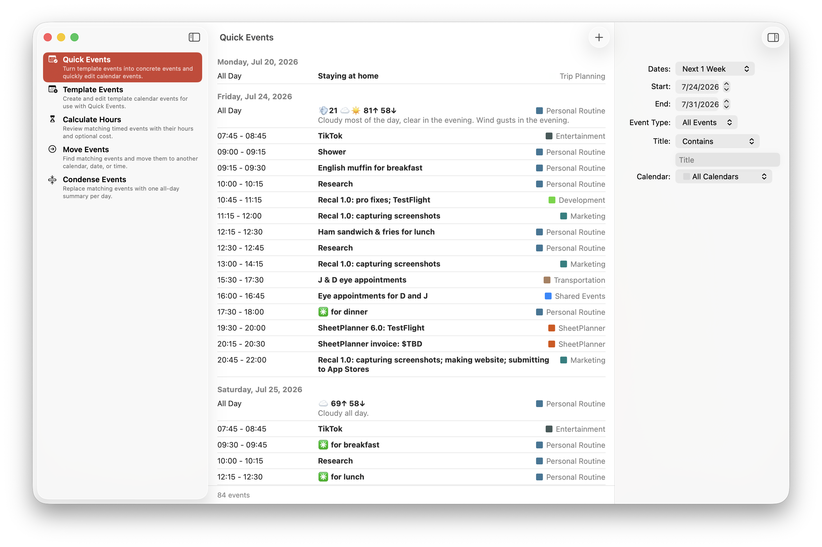 Quick Events in Recal
