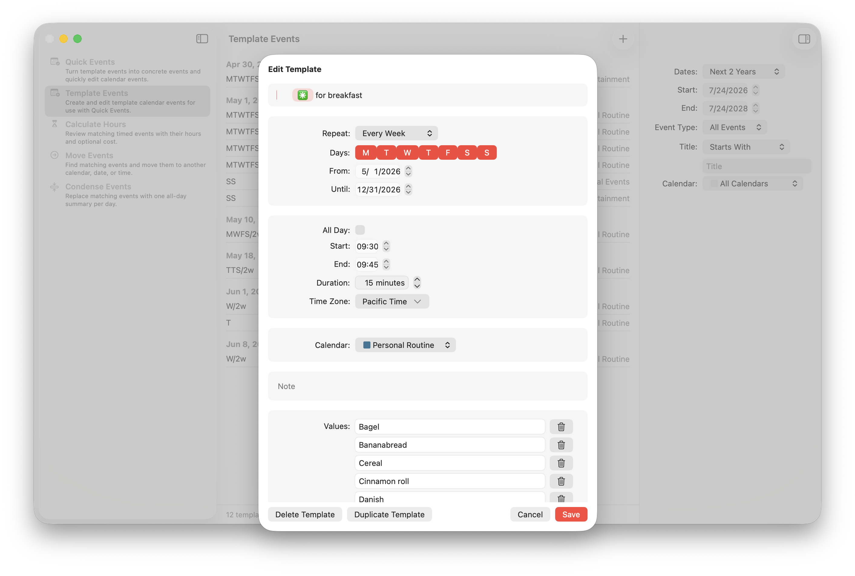 Editing a template event in Recal